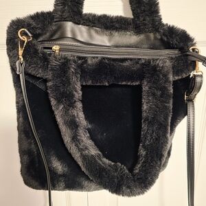 Plush Black Faux Fur Tote with Detachable Strap